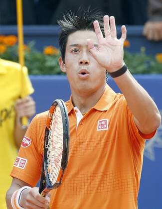 Japanese tennis player Kei Nishikori celebrates his victory against French Jeremy Chardy during their Barcelona Open Banc Sabadell Conde de Godo Trophy third round game played at Royal tennis club in Barcelona, northeastern Spain, on 21 April 2016. The tournament runs in Barcelona from 18 until 24 April 2016. Kei Nishikori vs Jeremy Chardy !ACHTUNG: NUR REDAKTIONELLE NUTZUNG!  20160421-635968577135179740