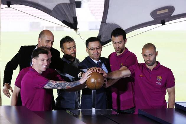 Lionel Messi, Luis Enrique, Josep Maria Bartomeu (Barcelona), APRIL 21, 2016 - Football Soccer : during the press conference PK Pressekonferenz of new Camp Nou stadium at the Camp Nou stadium in Barcelona, Spain. Noxthirdxpartyxsales  (oqma019106)