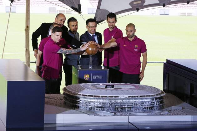 Lionel Messi, Luis Enrique, Josep Maria Bartomeu (Barcelona), APRIL 21, 2016 - Football Soccer : during the press conference PK Pressekonferenz of new Camp Nou stadium at the Camp Nou stadium in Barcelona, Spain. Noxthirdxpartyxsales  (oqma019109)