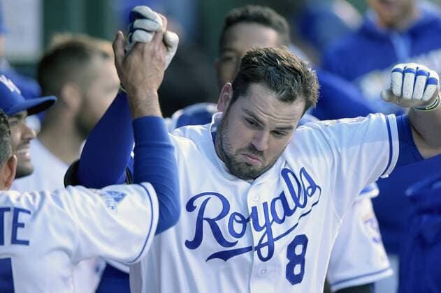 April 21, 2016 - Kansas City, MO, USA - The Kansas City Royals Mike Moustakas celebrates his solo home run in the fourth inning against the Detroit Tigers on Thursday, April 21, 2016, at Kauffman Stadium in Kansas City, Mo. Detroit at Kansas City - ZUMAm67_