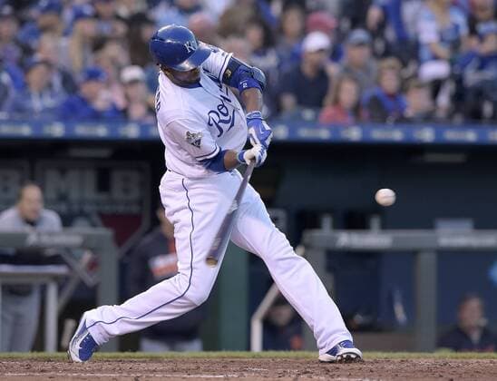 April 21, 2016 - Kansas City, MO, USA - The Kansas City Royals Alcides Escobar connects on an RBI sacrifice fly in the fourth inning against the Detroit Tigers on Thursday, April 21, 2016, at Kauffman Stadium in Kansas City, Mo. Detroit at Kansas City - ZUMAm67_