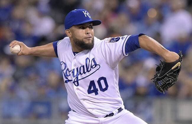 April 21, 2016 - Kansas City, MO, USA - Kansas City Royals pitcher Kelvin Herrera throws in the eighth inning against the Detroit Tigers on Thursday, April 21, 2016, at Kauffman Stadium in Kansas City, Mo. The Royals won, 4-0. Detroit at Kansas City - ZUMAm67_