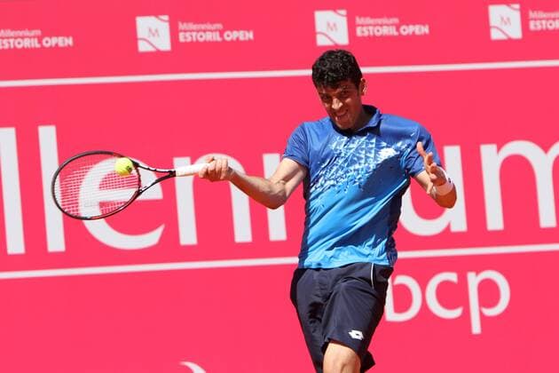 April 23, 2016 - Estoril, Portugal - Franko Skugor of Croatia returns a ball to Jo¹o Domingues of Portugal during the Qualifying of the Millennium Estoril Open ATP Tennis Herren 250 tennis tournament at the Clube de TÅ½nis do Estoril in Portugal on April 25, 2016. Millennium Estoril Open ATP 250 tennis tournament - Jo‹o Domingues (POR) vs Franko Skugor (CRO) - ZUMAf123