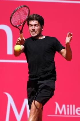 April 23, 2016 - Estoril, Portugal - Jo¹o Domingues of Portugal returns a ball to Franko Skugor of Croatia during the Qualifying of the Millennium Estoril Open ATP Tennis Herren 250 tennis tournament at the Clube de TÅ½nis do Estoril in Portugal on April 25, 2016. Millennium Estoril Open ATP 250 tennis tournament - Jo‹o Domingues (POR) vs Franko Skugor (CRO) - ZUMAf123
