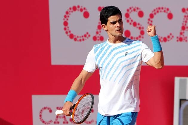 April 23, 2016 - Estoril, Portugal - Portuguese Rui Machado celebrates a point over Swedish Elias Ymer during the Qualifying of the Millennium Estoril Open ATP Tennis Herren 250 tennis tournament at the Clube de Tnis do Estoril in Portugal on April 25, 2016. Millennium Estoril Open  - ZUMAn230