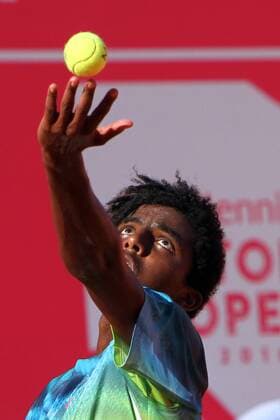 April 23, 2016 - Estoril, Portugal - Swedish Elias Ymer returns a ball to Portuguese Rui Machado during the Qualifying of the Millennium Estoril Open ATP Tennis Herren 250 tennis tournament at the Clube de Tnis do Estoril in Portugal on April 25, 2016. Millennium Estoril Open  - ZUMAn230