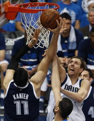 April 23, 2016 - Dallas, TX, USA - The Dallas Mavericks Dirk Nowitzki, right, pressures a shot by the Oklahoma City Thunder s Enes Kanter (11) late in the fourth period during Game 4 of the Western Conference quarterfinals at the American Airlines Center in Dallas on Saturday, April 23, 2016. The Thunder won, 119-108, for a 3-1 series lead. Game 4: Oklahoma City at Dallas - ZUMAm67_