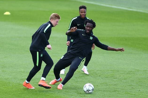 Kevin De Bruyne and Wilfried Bony of Manchester City during the UEFA Champions League training at the Etihad Campus. Photo credit should read: Philip Oldham Sportimage EDITORIAL USE ONLY. No use with unauthorised audio, video, data, fixture lists, club league logos or live services. Online in-match use limited to 120 images, no video emulation. No use in betting, games or single club league player publications.