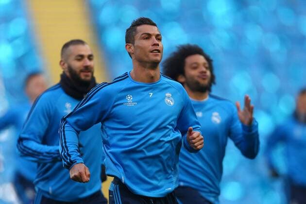 Cristiano Ronaldo of Real Madrid during the UEFA Champions League training and press conference PK Pressekonferenz at the Etihad Stadium. Photo credit should read: Philip Oldham Sportimage EDITORIAL USE ONLY. No use with unauthorised audio, video, data, fixture lists, club league logos or live services. Online in-match use limited to 120 images, no video emulation. No use in betting, games or single club league player publications.