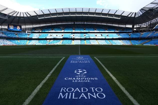 Fußball, Champions League, Etihad Stadium vor dem Halbfinale Manchester City - Real Madrid A general view ahead of kick off during the UEFA Champions League Semi Final 1st leg match at the Etihad Stadium. Photo credit should read: Philip Oldham Sportimage EDITORIAL USE ONLY. No use with unauthorised audio, video, data, fixture lists, club league logos or live services. Online in-match use limited to 120 images, no video emulation. No use in betting, games or single club league player publications.