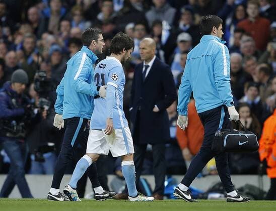 David Silva of Manchester City goes off injured during the UEFA Champions League Semi Final match at Etihad Stadium. Photo credit should read: Simon Bellis Sportimage EDITORIAL USE ONLY. No use with unauthorised audio, video, data, fixture lists, club league logos or live services. Online in-match use limited to 120 images, no video emulation. No use in betting, games or single club league player publications.