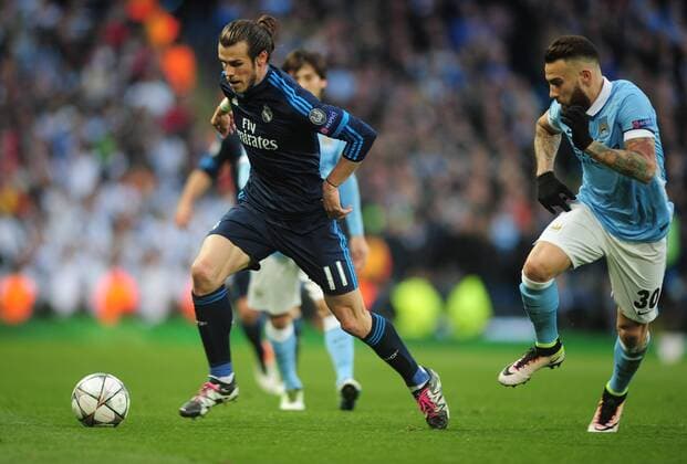 Football - 2015 2016 Champions League - Semi-Final, First Leg: Manchester City vs. Real Madrid Gareth Bale of Real Madrid at the Etihad Stadium. COLORSPORT ANDREW COWIE 