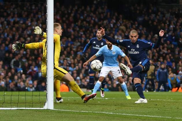 Joe Hart of Manchester City keeps out a close range strike from Pepe of Real Madrid during the UEFA Champions League Semi Final 1st leg match at the Etihad Stadium. Photo credit should read: Philip Oldham Sportimage EDITORIAL USE ONLY. No use with unauthorised audio, video, data, fixture lists, club league logos or live services. Online in-match use limited to 120 images, no video emulation. No use in betting, games or single club league player publications.