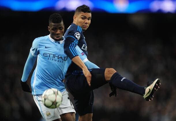 Football - 2015 2016 Champions League - Semi-Final, First Leg: Manchester City vs. Real Madrid Casemiro of Real Madrid and Kelechi Iheanacho of Man City at the Etihad Stadium. COLORSPORT ANDREW COWIE 