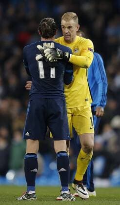 Joe Hart of Manchester City hugs Gareth Bale of Real Madrid during the UEFA Champions League Semi Final match at Etihad Stadium. Photo credit should read: Simon Bellis Sportimage EDITORIAL USE ONLY. No use with unauthorised audio, video, data, fixture lists, club league logos or live services. Online in-match use limited to 120 images, no video emulation. No use in betting, games or single club league player publications.