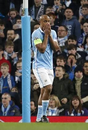 Vincent Kompany of Manchester City rues a missed chance on goal during the UEFA Champions League Semi Final 1st leg match at the Etihad Stadium. Photo credit should read: Philip Oldham Sportimage EDITORIAL USE ONLY. No use with unauthorised audio, video, data, fixture lists, club league logos or live services. Online in-match use limited to 120 images, no video emulation. No use in betting, games or single club league player publications.