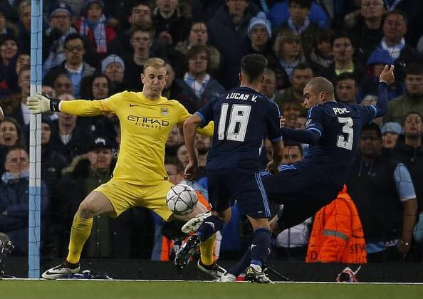 Joe Hart of Manchester City makes a save from Pepe of Real Madrid during the UEFA Champions League Semi Final match at Etihad Stadium. Photo credit should read: Simon Bellis Sportimage EDITORIAL USE ONLY. No use with unauthorised audio, video, data, fixture lists, club league logos or live services. Online in-match use limited to 120 images, no video emulation. No use in betting, games or single club league player publications.