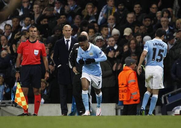 26.04.2016. The Etihad, Manchester, England. UEFA Champions League. Manchester City versus Real Madrid. Manchester City striker Raheem Sterling comes on as a late sunbstitute for Manchester City midfielder Jes& xfa;s Navas. xAlanxMartinx  ActionPlus11731124