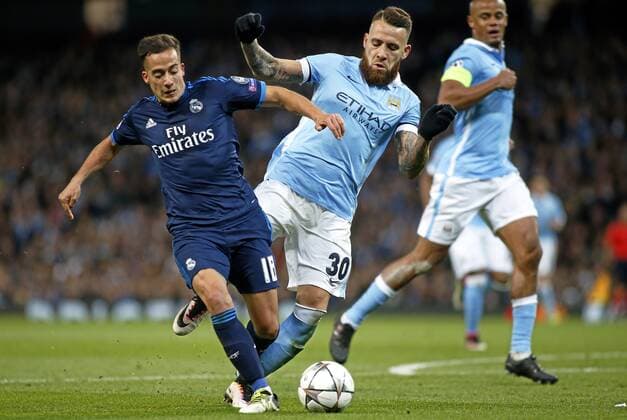 First leg of 1 2 Champions League between Manchester City and Real Madrid. In this picture, Lucas Vazquez and Otamendi. xJosexA.xGarciax 