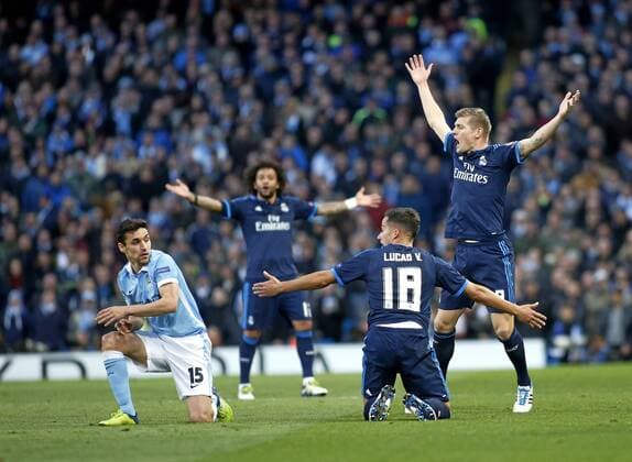 First leg of 1 2 Champions League between Manchester City and Real Madrid. In this picture, Navas, Lucas Vazquez and Kroos. xJosexA.xGarciax 