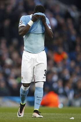 Bacary Sagna of Manchester City dejected during the UEFA Champions League Semi Final 1st leg match at the Etihad Stadium. Photo credit should read: Philip Oldham Sportimage EDITORIAL USE ONLY. No use with unauthorised audio, video, data, fixture lists, club league logos or live services. Online in-match use limited to 120 images, no video emulation. No use in betting, games or single club league player publications.
