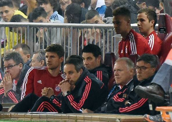 Madrid 27.04.2016, xjhx, Fussball Champions League, Atletico Madrid - FC Bayern München, emspor, v.l. Thomas Mueller (FC Bayern Muenchen), Mario Goetze (FC Bayern Muenchen)
