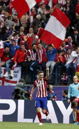 Atletico de Madrid s midfielder Saul Niguez celebrates scoring the first goal during a Champions League semifinal match between Atletico de Madrid and Bayern Munich at Vicente Calderon Stadium in Madrid, Spain, 27 April 2016. EFE JuanJo Martin ATLETICO MADRID VS BAYERN MUNICH !ACHTUNG: NUR REDAKTIONELLE NUTZUNG!  CAM016 70722519st