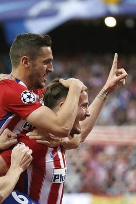 Atletico de Madrid s midfielder Saul Niguez (R) celebrates scoring the first goal with team mate Koke during a Champions League semifinal match between Atletico de Madrid and Bayern Munich at Vicente Calderon Stadium in Madrid, Spain, 27 April 2016. ATLETICO MADRID VS BAYERN MUNICH !ACHTUNG: NUR REDAKTIONELLE NUTZUNG!  CAM018 70722521st