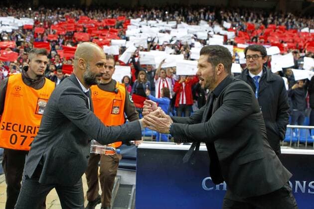 First leg of 1 2 Champions League match between Atletico and Bayer Munich. In this picture, Guardiola and Simeone. xRAFAxCASALx 