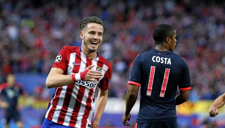 First leg of 1 2 Champions League match between Atletico and Bayer Munich. In this picture, Saul celebrates his goal. xRAFAxCASALx 