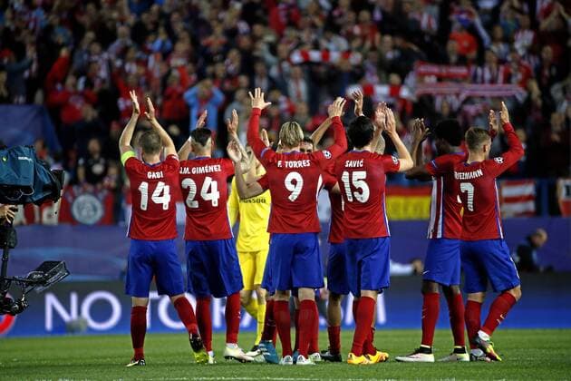 First leg of 1 2 Champions League match between Atletico and Bayer Munich. In this picture, Atletico players celebrate the victory. xCHEMAxREYx 