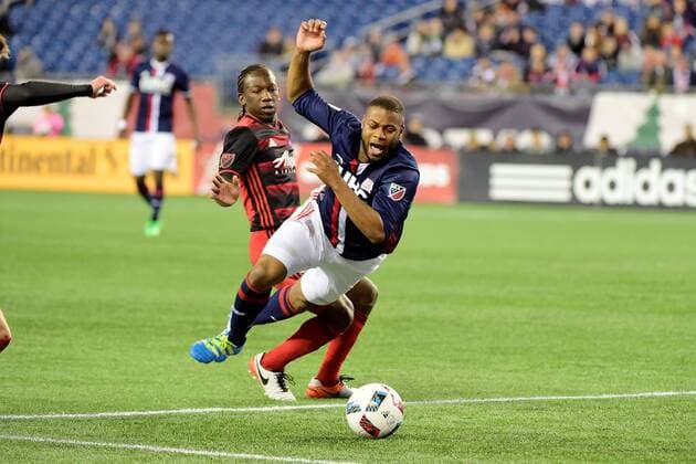 Wednesday, April 27, 2016: New England Revolution defender Andrew Farrell (2) trips over Portland Timbers midfielder Diego Chara (21) during the MLS Fussball Herren USA game between Portland Timbers and the New England Revolution held at Gillette Stadium in Foxborough Massachusetts. Portland tied New England 1-1. MLS 2016: Timbers vs Revolution APR 27 - ZUMAc04_