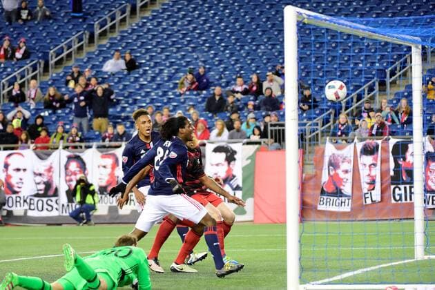 Wednesday, April 27, 2016: New England Revolution forward Femi Hollinger-Janzen (88) scores a goal late in the second period to tie the MLS Fussball Herren USA game between Portland Timbers and the New England Revolution held at Gillette Stadium in Foxborough Massachusetts. Portland tied New England 1-1. MLS 2016: Timbers vs Revolution APR 27 - ZUMAc04_