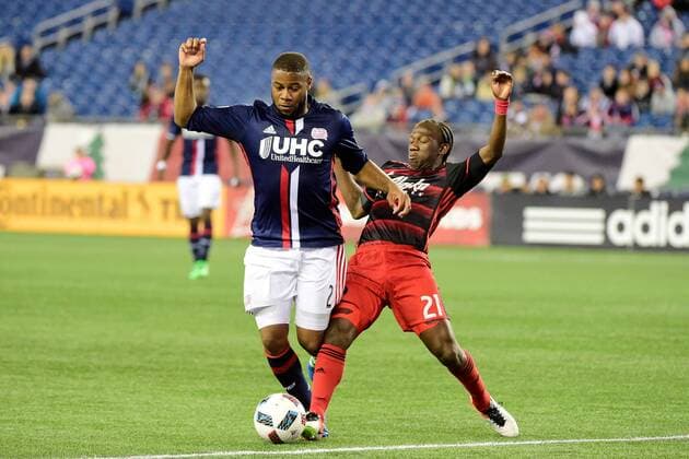 Wednesday, April 27, 2016: New England Revolution midfielder Zachary Herivaux (21) blocks New England Revolution defender Andrew Farrell (2) during the MLS Fussball Herren USA game between Portland Timbers and the New England Revolution held at Gillette Stadium in Foxborough Massachusetts. Portland tied New England 1-1. MLS 2016: Timbers vs Revolution APR 27 - ZUMAc04_