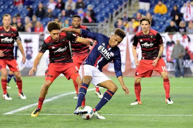 Wednesday, April 27, 2016: Portland Timbers defender Chris Klute (15) and New England Revolution forward Juan Agudelo (17) battle in front of the goal for control of the ball during the MLS Fussball Herren USA game between Portland Timbers and the New England Revolution held at Gillette Stadium in Foxborough Massachusetts. Portland tied New England 1-1. MLS 2016: Timbers vs Revolution APR 27 - ZUMAc04_