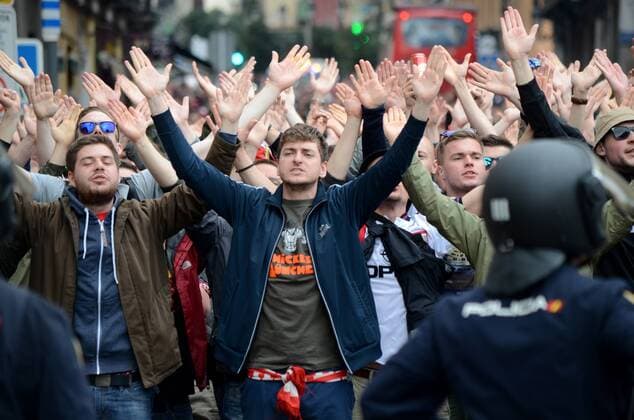 Spain: Bayern Munich fans in Madrid Nearly 3,000 Bayern fans travel to Madrid to watch the UEFA Champions League match between Atlético de Madrid (Spain) and Bayern Munich (Germany) . Supporters congregate in the streets around Plaza Mayor in central Madrid prior the game.  JorgexSanz