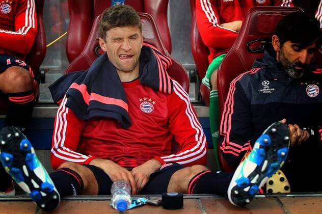 Madrid Thomas Mueller (FC Bayern Muenchen) auf der Bank, Atletico Madrid vs. FC Bayern Muenchen, Fussball, Champions League Halbfinale, 27.04.2016, Copyright: Langer Eibner-Pressefoto EP_HLR