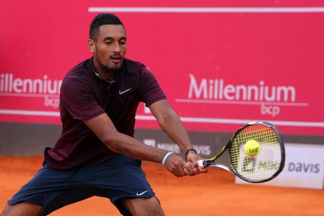 April 27, 2016 - Estoril, Portugal - Australian Nick Kyrgios returns a ball to Spanish Inigo Cervantes during the Millennium Estoril Open ATP Tennis Herren 250 tennis tournament at the Clube de Tenis do Estoril in Portugal on April 27, 2016. (Photo: Millennium Estoril Open ATP 250 tennis tournament - Inigo Cervantes (ESP) vs Nick Kyrgios (AUS)  - ZUMAn230