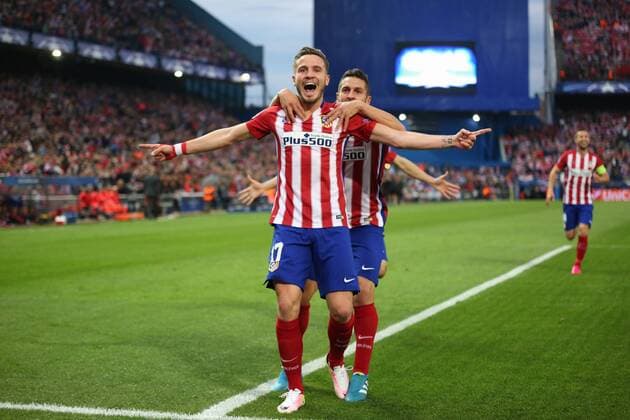 Madrid, Spain. 27th April 2016: Saul midfield from Atletico de Madrid, celebrating after scoring during the UEFA Champions League Semi Final (first-leg) agains FC Bayern München AG at the Vicente Calderon stadium. (Photo: Ivan Abanades Medina).  xIvanxAbanadesxMedinax xAtleticoxdexMadridx-xFCxBayernxMünchenxAGx(UEFAxChampionsxLeague)x
