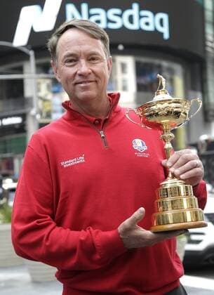 Ryder Cup Captain Davis Love III holds the The Ryder Cup trophy in Times Square after ringing the opening bell at the Nasdaq in New York City on April 28, 2016.  NYP20160428103 JOHNxANGELILLO