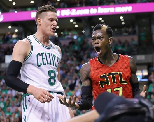 April 28, 2016 - Boston, MA, USA - The Atlanta Hawks Dennis Schroder, right, argues a call with officials while the Boston Celtics Jonas Jerebko (8) reacts during the first period in Game 6 of the Eastern Conference quarterfinals at TD Garden in Boston on Thursday, April 28, 2016. Game 6: Atlanta at Boston - ZUMAm67_
