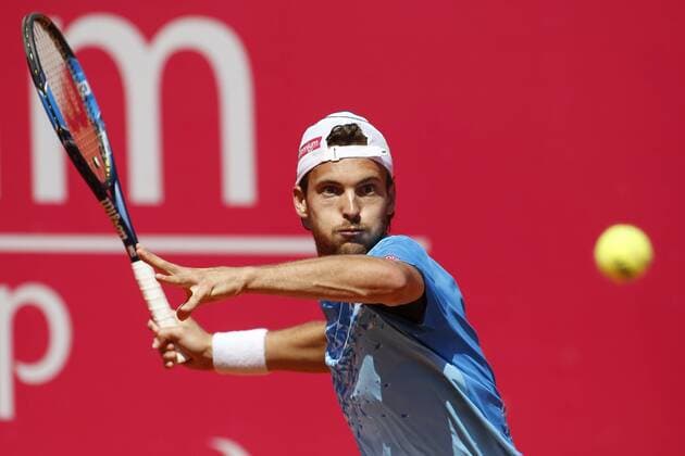 Portugal : Nicolas Almagro won at Estoril Open tournament Joao Sousa of Portugal in action against Nicolas Almagro of Spain during his second round match for the Estoril Open tennis tournament. Nicolas Almagro won with the score of 6-1,6-2.  FilipexAmorim