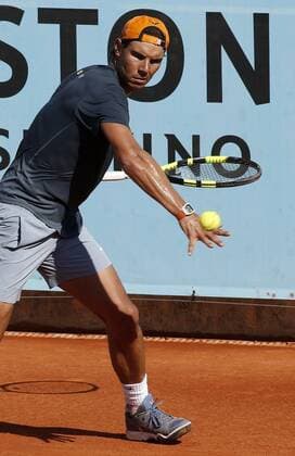 Spanish tennis player Rafael Nadal hits the ball during a training session for the Mutua Madrid Open at the Caja Magica court in Madrid, Spain, 30 April 2016. The Mutua Madrid Open runs from 29 April to 08 May 2016. Rafa Nadal training session !ACHTUNG: NUR REDAKTIONELLE NUTZUNG!  GRA052 20160430-635976162571947083