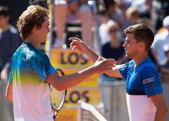 L-R Alexander Zverev gratuliert dem Sieger Dominic Thiem (AUT) nach dem Match. Tennis - BMW Open2016 - ATP Tennis Herren - MTTC Iphitos - Munich - - Germany - 30 April 2016.