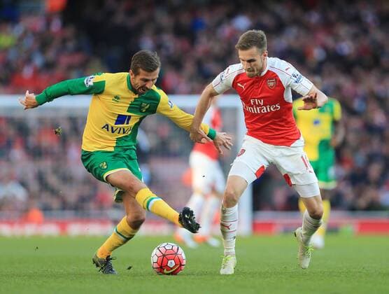 Arsenal s Aaron Ramsey tussles with Norwich s Gary O?Neil during the Barclays Premier League match at the Emirates Stadium. Photo credit should read: David Klein Sportimage EDITORIAL USE ONLY. No use with unauthorised audio, video, data, fixture lists, club league logos or live services. Online in-match use limited to 120 images, no video emulation. No use in betting, games or single club league player publications.
