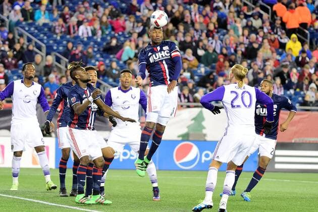 Saturday, April 30, 2016: New England Revolution defender Jose Goncalves (23) heads the ball during the MLS Fussball Herren USA game between Orlando City SC and the New England Revolution held at Gillette Stadium in Foxborough Massachusetts. The game ended in a 2-2 draw between Orlando and the Revolution. MLS 2016: Orlando vs Revolution APR 30 - ZUMAc04_