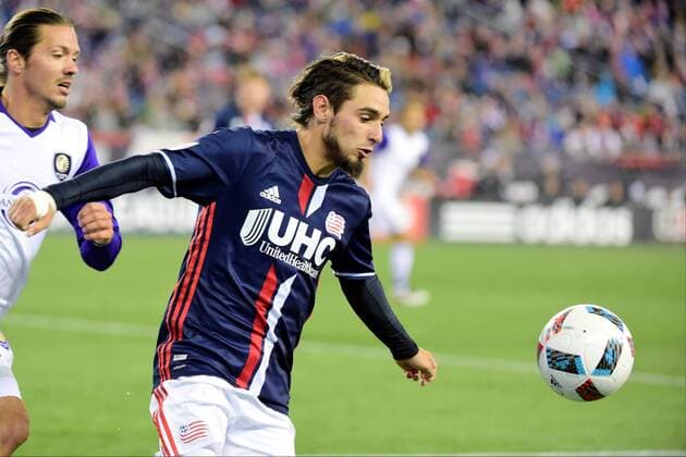 Saturday, April 30, 2016: New England Revolution forward Diego Fagundez (14) stays focused on the ball during the MLS Fussball Herren USA game between Orlando City SC and the New England Revolution held at Gillette Stadium in Foxborough Massachusetts. The game ended in a 2-2 draw between Orlando and the Revolution. MLS 2016: Orlando vs Revolution APR 30 - ZUMAc04_