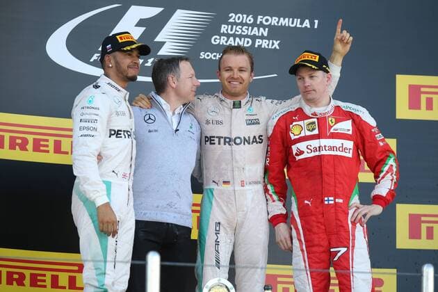 Motorsports: FIA Formula One World Championship WM Weltmeisterschaft 2016, Grand Prix of Russia, 44 Lewis Hamilton (GBR, Mercedes AMG Petronas Formula One Team), 6 Nico Rosberg (GER, Mercedes AMG Petronas Formula One Team), 7 Kimi Raikkonen (FIN, Scuderia Ferrari), xHOCHxZWEIx