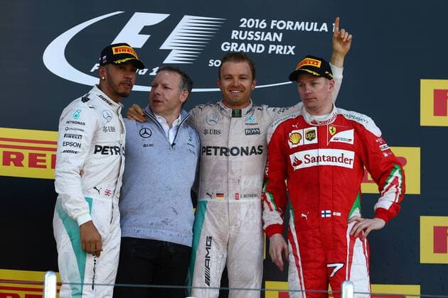 Russian Grand Prix, Sochi 28 April - 1 May 2016 01.05.2016 - Race, 1st position Nico Rosberg (GER) Mercedes AMG F1 W07 Hybrid, 2nd position Lewis Hamilton (GBR) Mercedes AMG F1 W07 Hybrid and 3rd position Kimi Raikkonen (FIN) Scuderia Ferrari SF16-H 