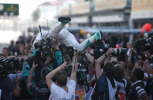 SOCHI, RUSSIA. MAY 1, 2016. German driver Nico Rosberg of the Mercedes AMG Petronas F1 team celebrates winning the 2016 Formula 1 Russian Grand Prix at an awards ceremony, at the Sochi Autodrom Circuit in Olympic Park. Sergei Bobylev TASS  TS0217F8